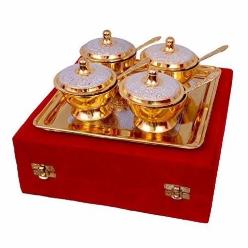 Aluminum Gift Set - 4 Round Bowls, 4 Spoons, 1 Tray | Golden And Silver Finish, Perfect For Gifting
