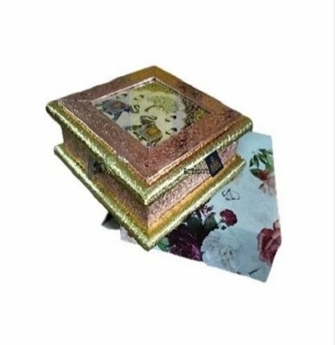 Elephent Facing Wooden Dry Fruit Box - Wooden, 21cm x 6cm x 21cm, Golden and Pink | 4 Compartments, Customizable, Glossy Lamination Finish