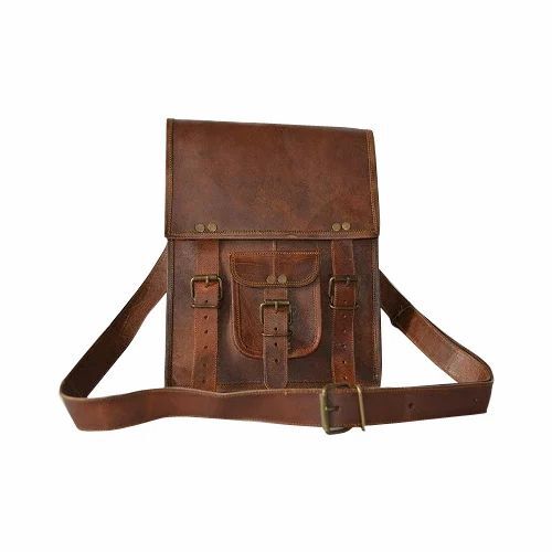 Leather Sling Bag - Leather Material, Customized Size, Brown Color | Attractive Design, Polished Finishing, Durable and Comfortable with Buckle Closure