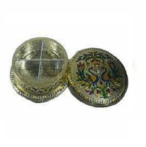 Meenakari Work Wooden Dry Fruit Box - 8 x 8 Inch Round Design with 4 Compartments Golden Color Finish Matte Lamination for Festivals