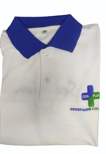 Mens Poly Cotton T Shirt - Cotton Blend, XS to XXXL Sizes, White and Blue Color | Short Sleeves, Polo Collar, Lightweight, Comfort Fit Design