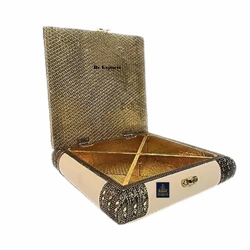Wooden Dry Fruit Box - 250g Capacity, 4 Compartments | Square Shape, 8x8 Inch Design, Golden Finish