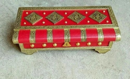 Wooden Handcrafted Dry Fruit Box - Wooden, 15 x 8 Inch, Golden & Red | Rectangular Shape, 4 Compartments, 2 Kg Capacity