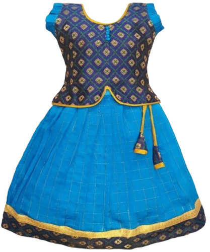 Banaras Pattu Pavadai - Silk Fabric, Size S, Blue Color | Ethnic Dress, Breathable, Washable, Printed Pattern, Short Sleeves, Summer Wear