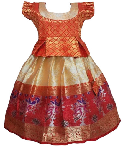 Chanderi Cream Pattu Pavadai - Silk, Size S, Short Sleeves | Breathable, No Fade, Washable, Attractive Summer Ethnic Wear
