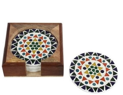 Designer Coaster With Wood Stand - Glossy Wooden Round Coaster , Lightweight Design, Easy to Clean, Ideal for Gifting, Various Sizes Available