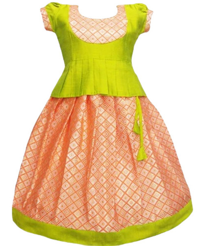 Diamond Work Pattu Pavadai - Silk, Size S, Green, Printed Pattern, Short Sleeves | Ethnic Dress, Washable, Breathable, No Fade
