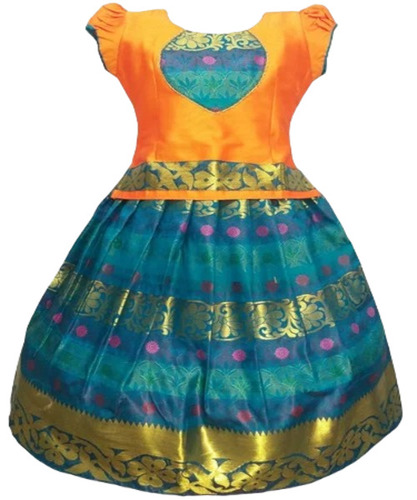 Ethnic Pattu Pavadai - Silk, Regular Fit, Yellow and Blue Color | Breathable, No Fade, Washable, Short Sleeves, Ethnic Style
