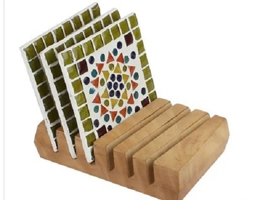 Fancy Coaster With Wood Stand - Wooden, Various Sizes, Glossy Finish, Colorful Options | Lightweight, Easy to Clean, Square Design