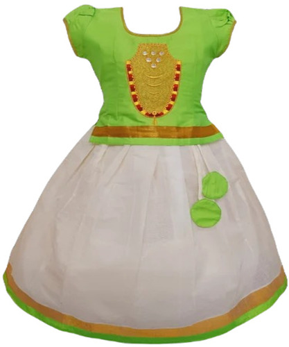 Girls Pattu Pavadai - Silk, Size S, White and Green | Ethnic Dress with Attractive Embroidered Pattern, Breathable and Washable, Short Sleeves