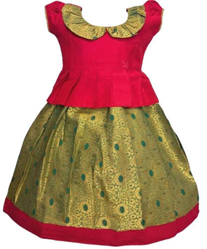 Girls Pattu Pavadai - Silk, Size S, Pink and Golden Color | Breathable, No Fade, Washable, Short Sleeves, Printed Ethnic Dress