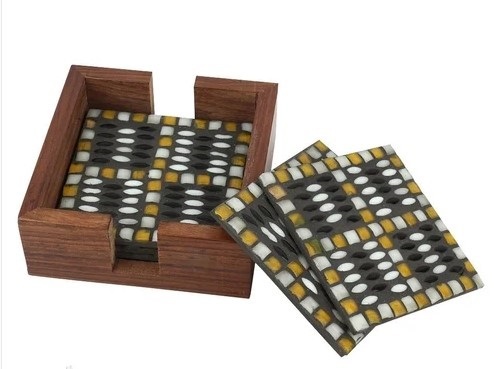 Glass Coasters With Wooden Stand - Glass Material, Various Sizes Available, Glossy Finish, Available in Various Colors | Lightweight, Quality Tested, Ideal for Gifting