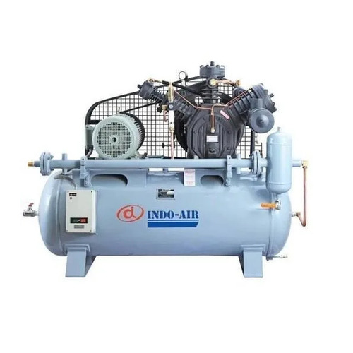 Indo Air Industrial High Pressure Piston Air Compressor - 150 to 500 Ltrs Tank Capacity, 29 to 148 CFM Flow Rate, Lubricated, Electric Power Source, Class I Air Quality Standard, Blue/Black/Gray Finishes