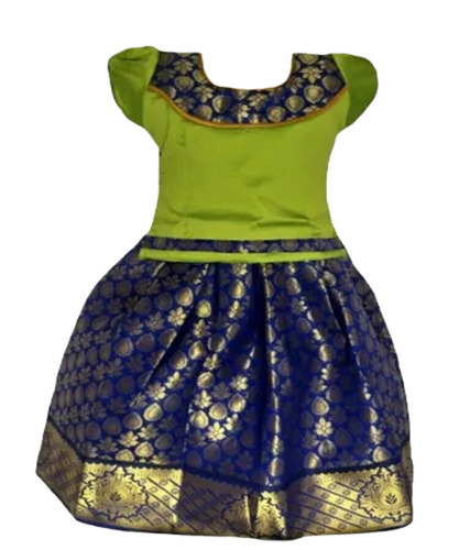 Jacquard Pattu Pavadai - Silk, Size Small, Blue and Green Color | Breathable, Washable, No Fade, Short Sleeves, Printed Pattern