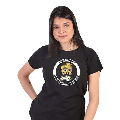 Ladies Cotton T-Shirt - New, 100% Pure Cotton, Black, Regular Fit, 200 GSM | Comfortable, Washable, Printed Design, Short Sleeves, O-Neck, Adult Female Size M