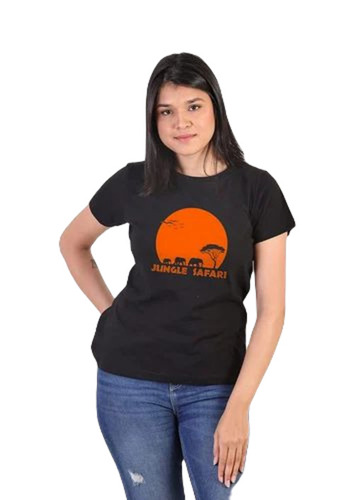 Ladies Printed Cotton T Shirt - 100% Cotton, Comfortable Regular Fit, Black Color, 200 GSM | Washable Short Sleeves, O-Neck Style for Casual Wear