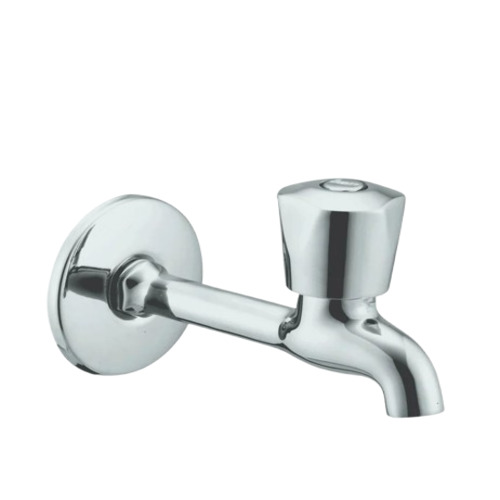 Long Body Bib Cock - Brass Material, 15 mm Size, Round Handle Design | Wall Mounted Installation, Available in White and Silver Colors