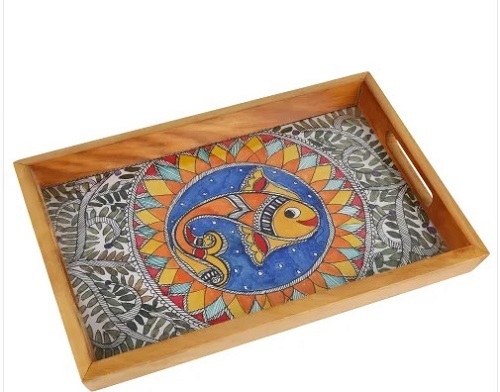 Madhuvani Design Wooden Tray - Wooden, Various Sizes, Various Colors, Rectangular Shape, Glossy Surface Finish | Lightweight, Easy to Clean, Quality Tested