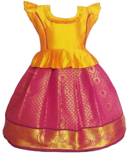 Maitree Pattu Pavadai - Silk Dress in Pink and Yellow , Short Sleeve Ethnic Party Wear with Printed Pattern, Breathable and Washable