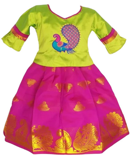 Mayura Pattu Pavadai - Silk, Size S, Pink and Green | Breathable, No Fade, Washable, Printed Pattern, Short Sleeves, Regular Fit, Ethnic Indian Style