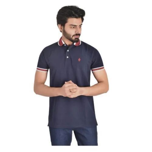 Men's Premium Quality Cotton Navy Blue Polo Neck T-Shirt - Moisture-Wicking, Quick Drying, Fade Resistant, Tag-Free Comfort, Available in Various Sizes