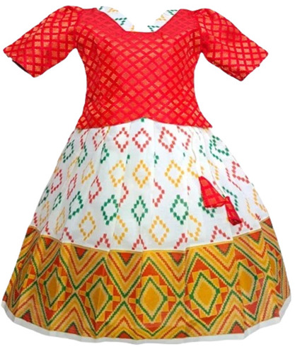 Pattu Pavadai - Silk, Size S, Red and White | Printed Ethnic Design, Breathable, No Fade, Washable, Short Sleeves