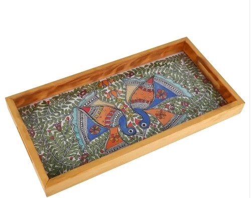 Rectangular Madhuvani Wooden Tray - Wood, Various Sizes, Various Colors, Glossy Finish | Lightweight, Easy to Clean, Quality Tested
