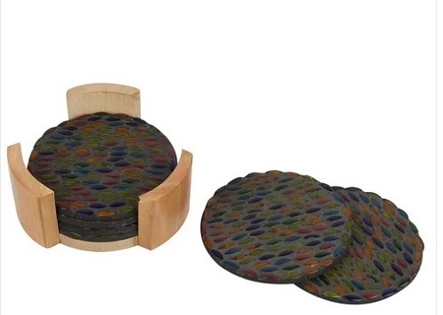 Round Coaster With Wooden Stand - Wooden Material, Various Sizes Available, Glossy Finish, Comes in Various Colors - Easy to Clean, Lightweight, Perfect for Gifting, Timely Delivery