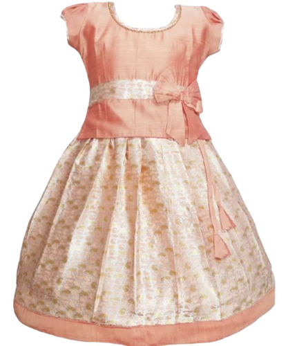 Vista Pattu Pavadai - Silk, Size S, Peach Color, Printed Pattern | Breathable, No Fade, Washable, Ideal for Summer Parties