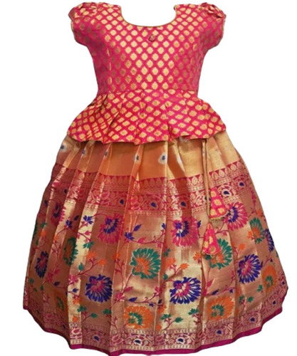 Big Border Pattu Pavadai - Silk, Size S, Multicolor | Breathable, No Fade, Washable, Short Sleeves, Printed Pattern, Summer Ethnic Dress