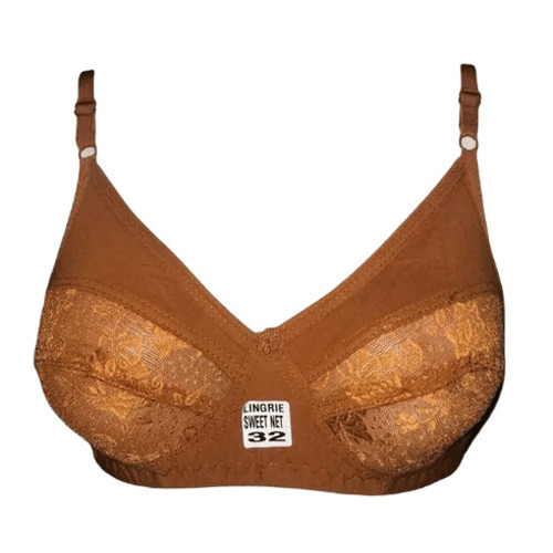 Ladies Net Bra - Cotton & Net Blend, Sizes 28-42, Brown Color | Washable, Fade & Wrinkle Resistant, Skin-Friendly Design, Plunge Neck, Thin Elastic Straps