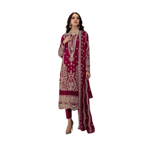 Ladies Ethnic Wear Set - Georgette, 3 Piece Regular Fit, Red | Embroidered, Anti-Wrinkle, Breathable, Full Sleeves 