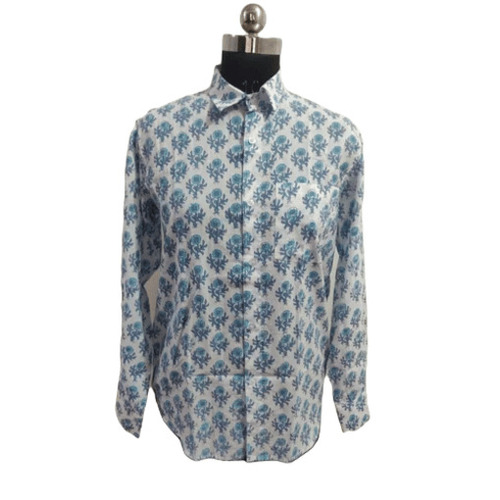 Full Sleeve Shirt - Cotton, Customized Size, White & Blue Print | Breathable, Anti Wrinkle, Quick Dry, Machine Washable