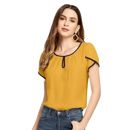 Ladies Superior Quality Round Neck Half Sleeve Tops - Casual Wear, Breathable American Crepe Fabric, Lightweight Yellow Color, Regular Fit, Fade and Wrinkle Resistant, Machine Washable
