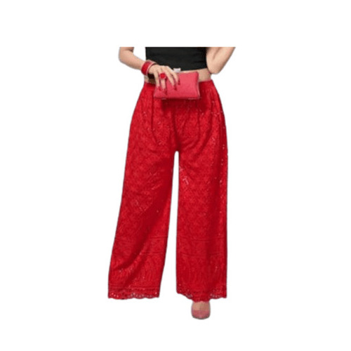 Red Chicken Palazzo - Cotton, Loose Fit, Ankle Length | Red, Trendy, Embroidered, Breathable, Anti-Wrinkle, Quick Dry, All Season, Machine Washable