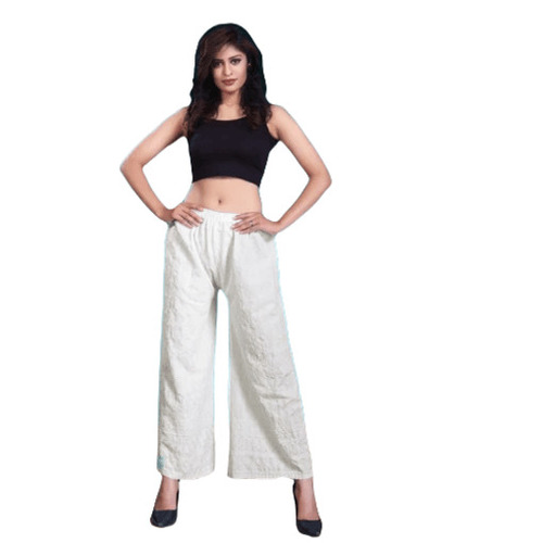 White Cotton Embroidered Palazzo - Ankle Length, Loose Fit | Anti-Wrinkle, Breathable, Quick Dry, Machine Washable