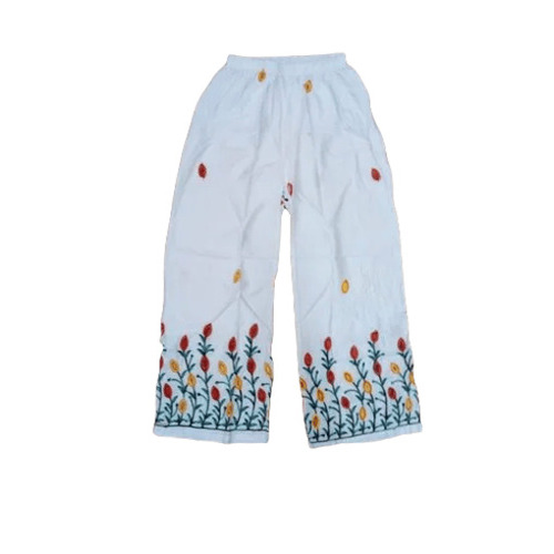 White Embroidered Palazzo - Ankle Length, Loose Fit, Elastic Band Closure | Breathable, Quick Dry, Anti-Wrinkle, Machine Washable