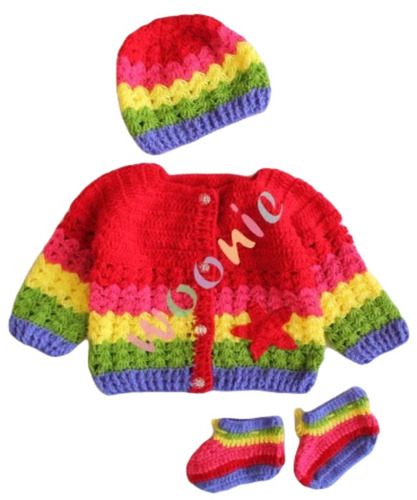 Baby Cap Booties Sweater Set - Wool, Free Size, Multicolor | Hand Knitted, Full Sleeves, Unisex Casual Wear for All Seasons