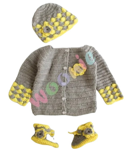 Baby Sweater Set - Wool Fabric Free Size Grey Color Unisex Design Long Sleeves Computer Knitted Pattern for Casual Wear