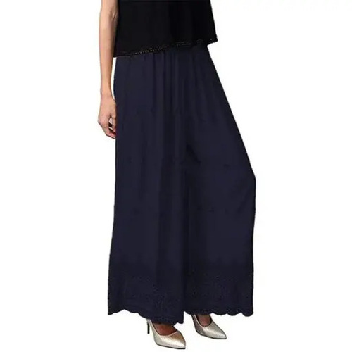 Blue Chikan Palazzo - Cotton Blend, Customized Sizes 28-42, Blue Color | Loose Fit, Ankle Length, Elastic Band Closure, Anti-wrinkle, Breathable, Quick Dry, Machine Wash, All Season, Chikan Work Pattern