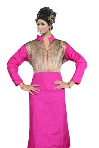 Designer Fancy Kurti - Cotton, Plus Size Available | Soft Breathable Fabric, Unique Embroidery Patterns, Stylish Neck Design, Comfortable Fit, Vibrant Pink Color Options, Long Three-Quarter Sleeves, Anti-Wrinkle, Quick Dry