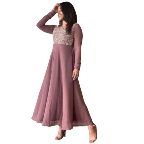 Designer Gown - Georgette, Size S-XXL, Purple Color | Full Sleeves, Long Length, Embroidered Pattern, Anti Wrinkle, Breathable, Casual Wear