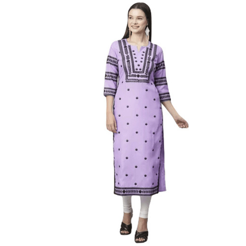 Embroidered Kurtis - Cotton, Sizes S-XXL, Purple | Trendy Style, 3-4th Sleeve, Quick Dry, Breathable, Anti-Wrinkle, Machine Wash, Shrink & Tear Resistant