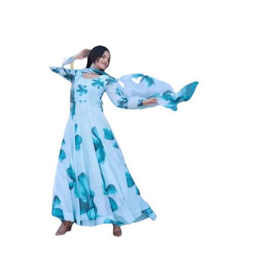 Georgette Kurtis Set - Regular Fit, Printed Sky Blue Fabric | Long Sleeve, Quick Dry, Anti-Wrinkle, Breathable