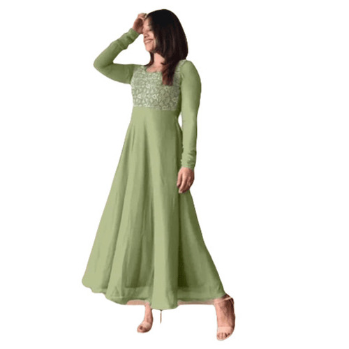 Georgette Gown - Long Modern Dress, Full Sleeves, Green Embroidered, Anti-Wrinkle, Breathable, Quick Dry, Machine Washable, Regular Fit for Ladies