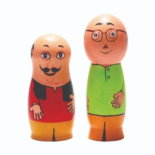 Handcrafted Wooden Motu Patlu Set of 2 - Multicolored Round Decorative Pieces | Holiday & Home Decoration, Carved & Painted Finish