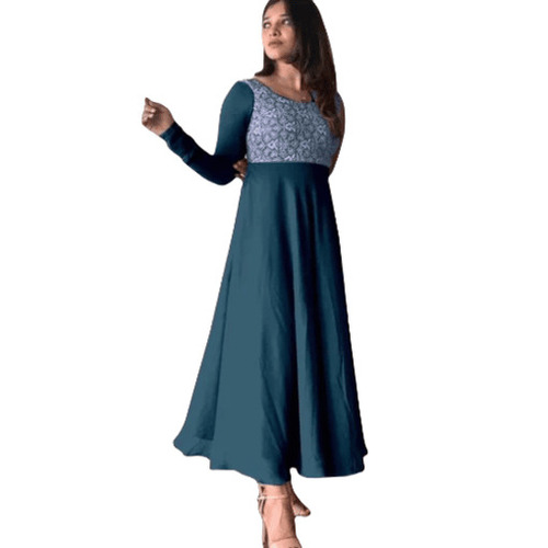 Ladies Georgette One Piece Gown - Long Length, Blue Embroidered, Full Sleeves | Anti Wrinkle, Breathable, Quick Dry, Machine Washable, Casual Wear