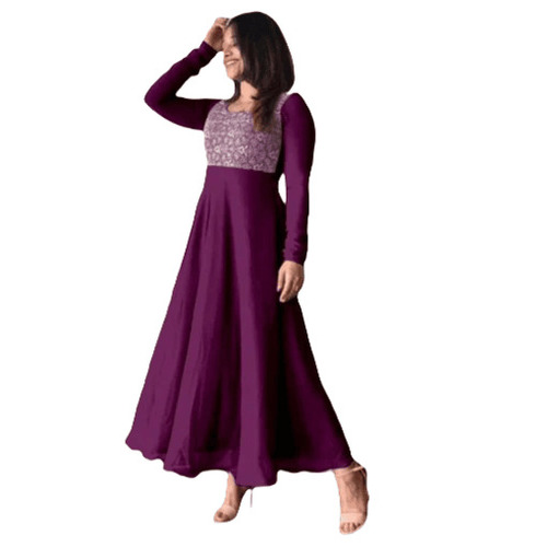 One Piece Georgette Gown - Long Regular Fit, Anti Wrinkle Purple Dress | Full Sleeves, Breathable, Quick Dry, Embroidered Design