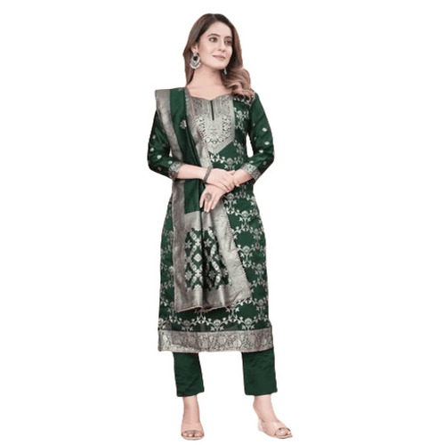 Ladies Silk Salwar Suits - 3 Piece Set Green Printed Design With 3/4th Sleeves | Breathable Quick Dry Anti Wrinkle Machine Washable