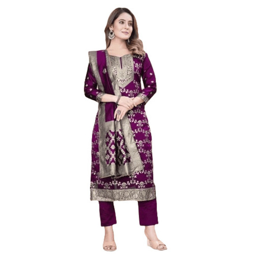 Ladies Silk Printed Purple Pant Set - 3 Piece, Anti Wrinkle, Breathable, Quick Dry, Washable, 3/4th Sleeve